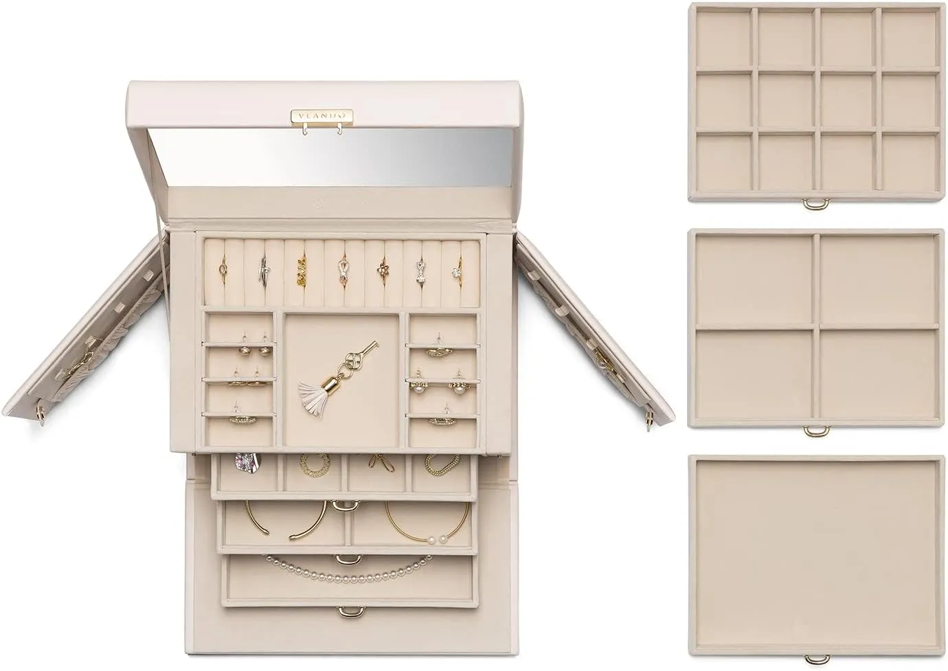 Vlando Lockable Jewelry Box Organizer with Key, 3-Tiered Storage Tray for Necklaces Earrings Rings Bracket Accessories Storage Display, Full HD-Mirror, Pink Beige