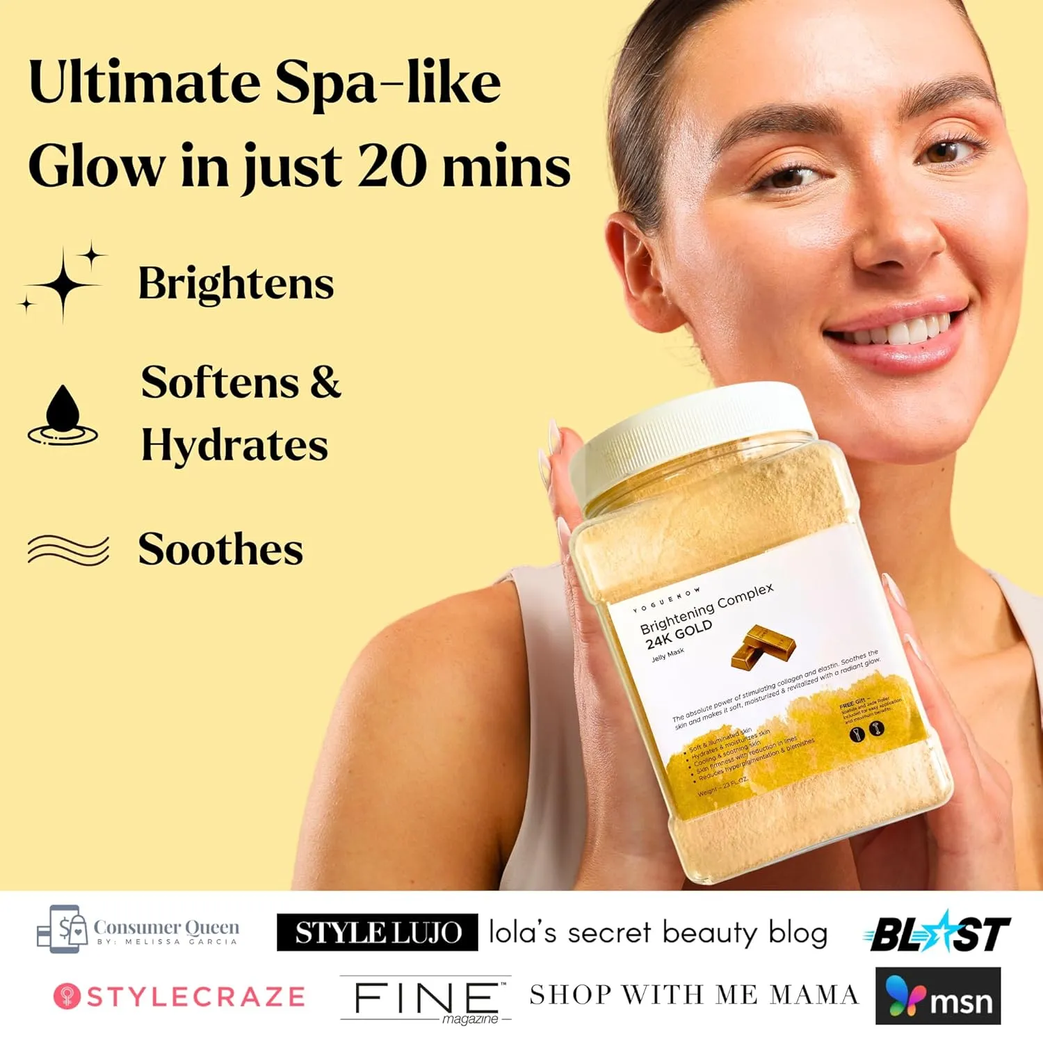 VogueNow Jelly Face Mask for Facials - 24K Gold Hydrating, Brightening & Nourishing Jelly Mask with Free Jade Roller & Spatula | Professional Hydrojelly Masks | Vajacial Jelly Mask Powder | 23 Oz Jar