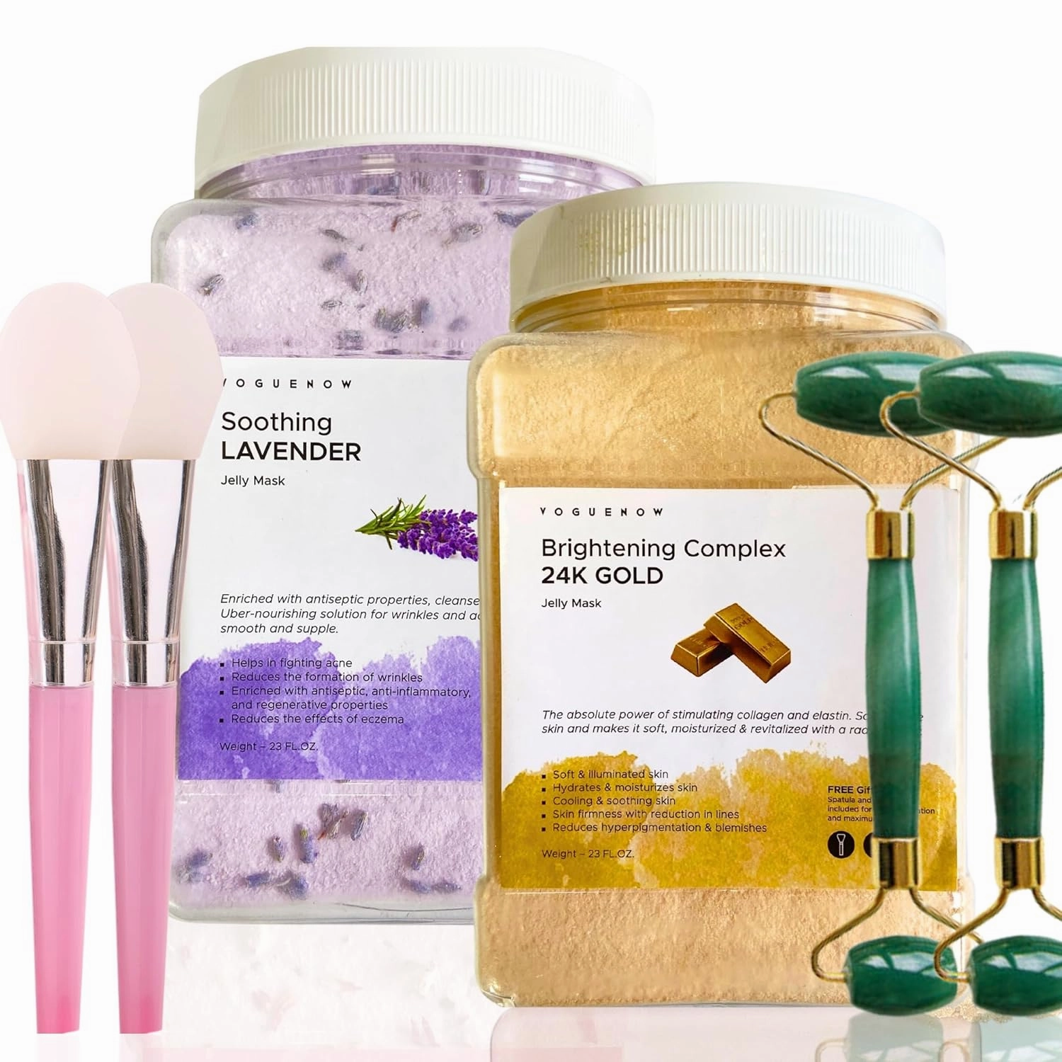 VogueNow Jelly Face Mask for Facials - 24K Gold   Lavender (Pack of 2) - Hydrating Glowing & Nourishing - Free Jade Roller & Spatula - Professional Hydrojelly Masks - Perfect for Vajacial - 46 Oz Jar