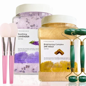 VogueNow Jelly Face Mask for Facials - 24K Gold   Lavender (Pack of 2) - Hydrating Glowing & Nourishing - Free Jade Roller & Spatula - Professional Hydrojelly Masks - Perfect for Vajacial - 46 Oz Jar