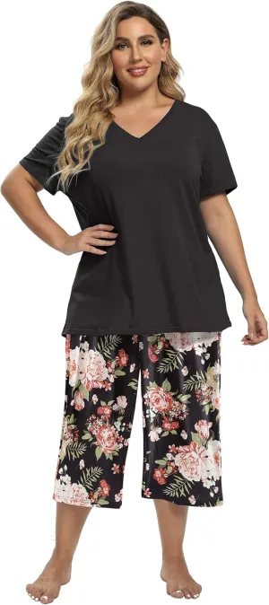Vozanet Women's Pajamas Set Soft V Neck Sleepwear Top and Capri Pj Lounge Sets Cartoon Heart Shape Cat Nighty Plus Size