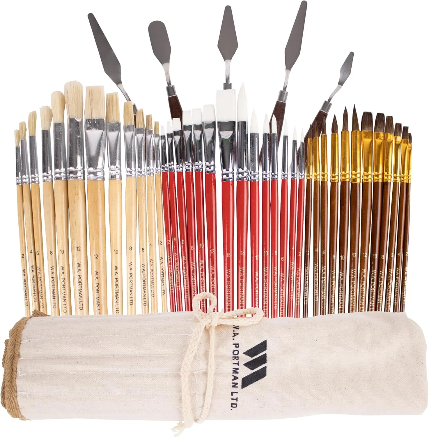 WA Portman 38-pc Professional Acrylic Paint Brush Set with 5 Palette Knives - Versatile Acrylic, Watercolor, Gouache and Oil Paint Brushes with Case - Art Brush Set