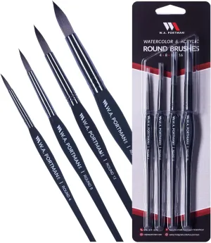WA Portman Round Paint Brush Set of 4 - Round Watercolor Brushes for Watercolor & Acrylic - Professional Water Color Brushes & Acrylic Brush Set with Comfort Grip