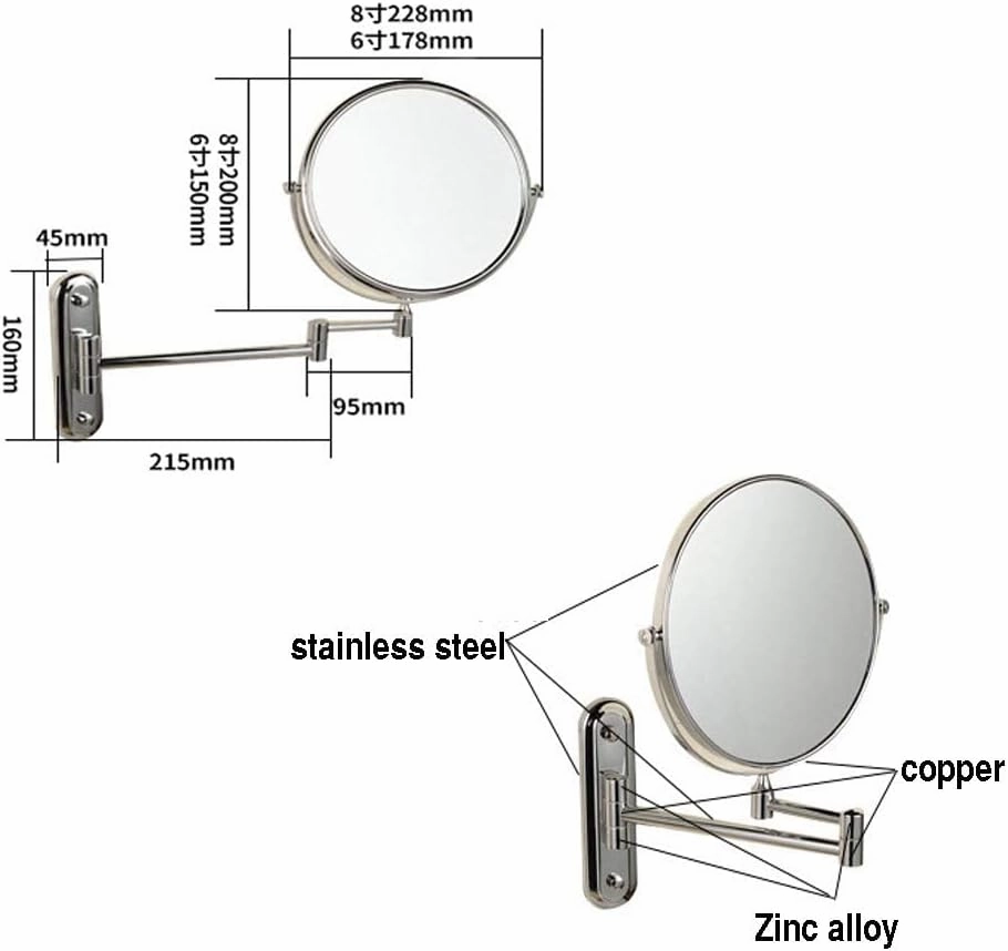 Wall Mirror, Wall Mounted Makeup Mirror, 3X Magnification Round Shape Two-Sided 360° Swivel Adjustable Height Extendable Bathroom Cosmetic Vanity Mirror Chrome Finish,6inches (Color : 8inches)