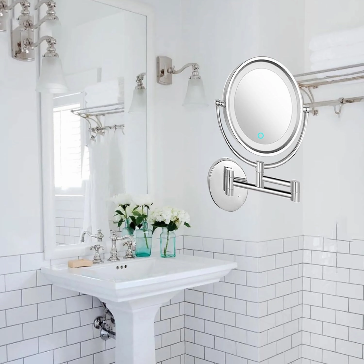 Wall-mounted Illuminated Makeup Mirror, 8-inch Double-sided Magnifying Mirror with 360-degree Rotating Shaving Mirror, Retractable Arm Cosmetic Mirror,Vanity Mirror