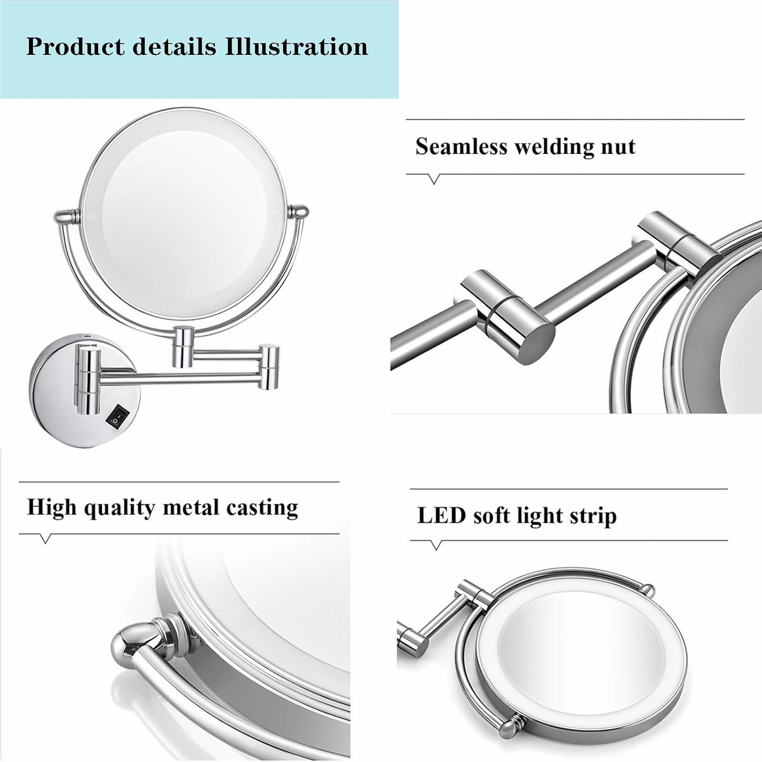 Wall-mounted Illuminated Makeup Mirror, 8-inch Double-sided Magnifying Mirror with 360-degree Rotating Shaving Mirror, Retractable Arm Cosmetic Mirror,Vanity Mirror