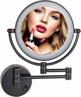 Wall-mounted Illuminated Makeup Mirror, 8-inch Double-sided Magnifying Mirror with 360-degree Rotating Shaving Mirror, Retractable Arm Cosmetic Mirror,Vanity Mirror