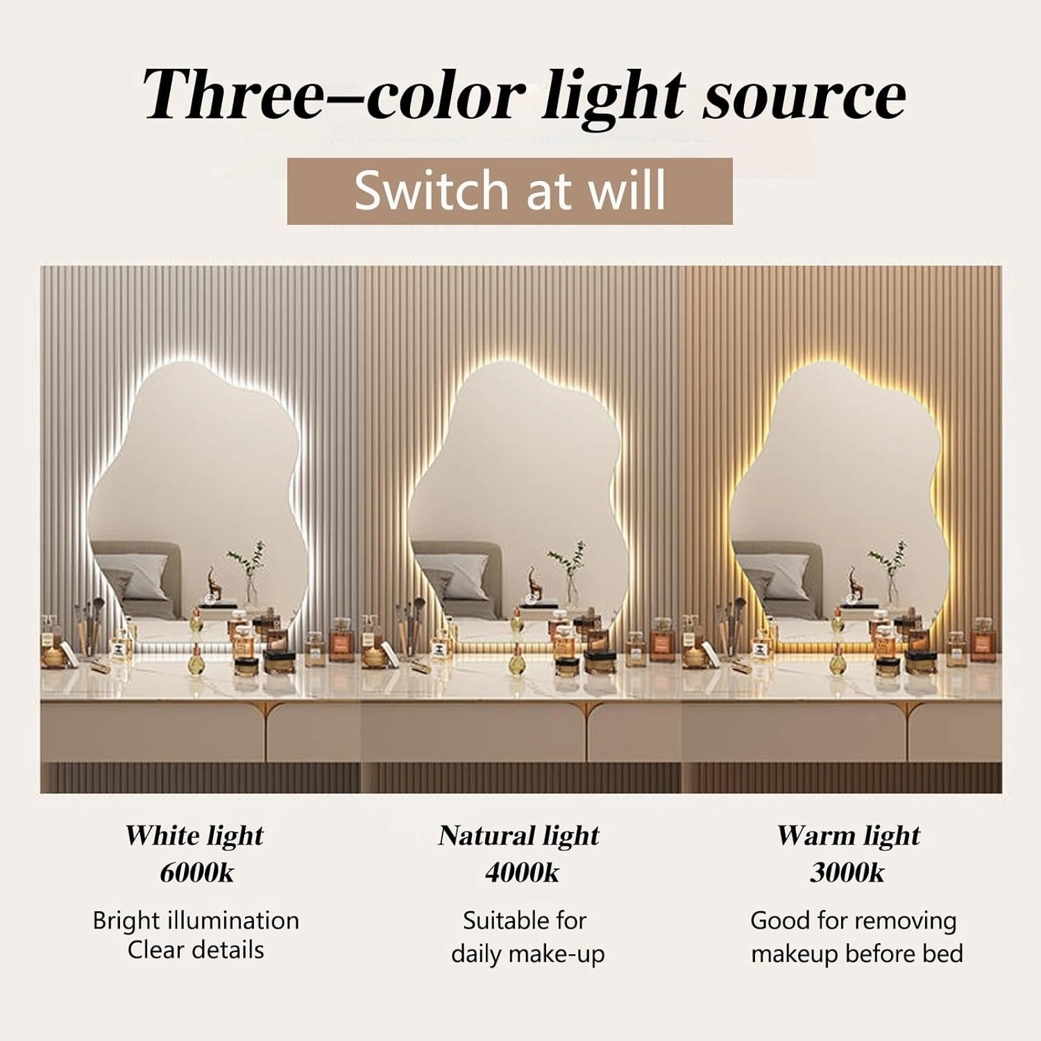 Wall Mounted Lighted Modern Mirror, LED Bathroom Mirror with Lights, Adjustable Tri Tone LED Lighted Makeup Mirror, Smart Touch Sensitive Makeup Vanity Mirror, for Bathroom Bedroom, 3 Lighting Modes(4