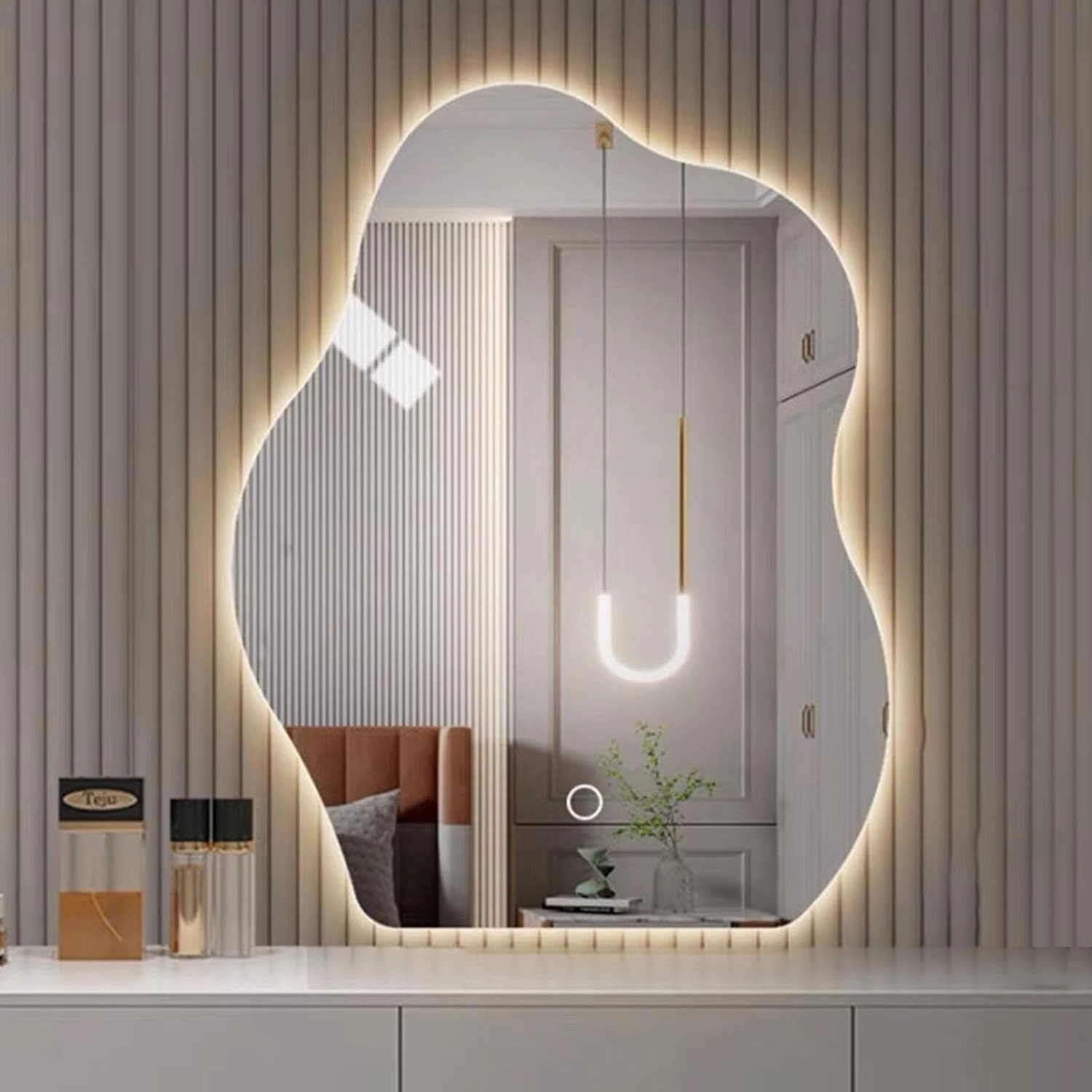 Wall Mounted Lighted Modern Mirror, LED Bathroom Mirror with Lights, Adjustable Tri Tone LED Lighted Makeup Mirror, Smart Touch Sensitive Makeup Vanity Mirror, for Bathroom Bedroom, 3 Lighting Modes(4