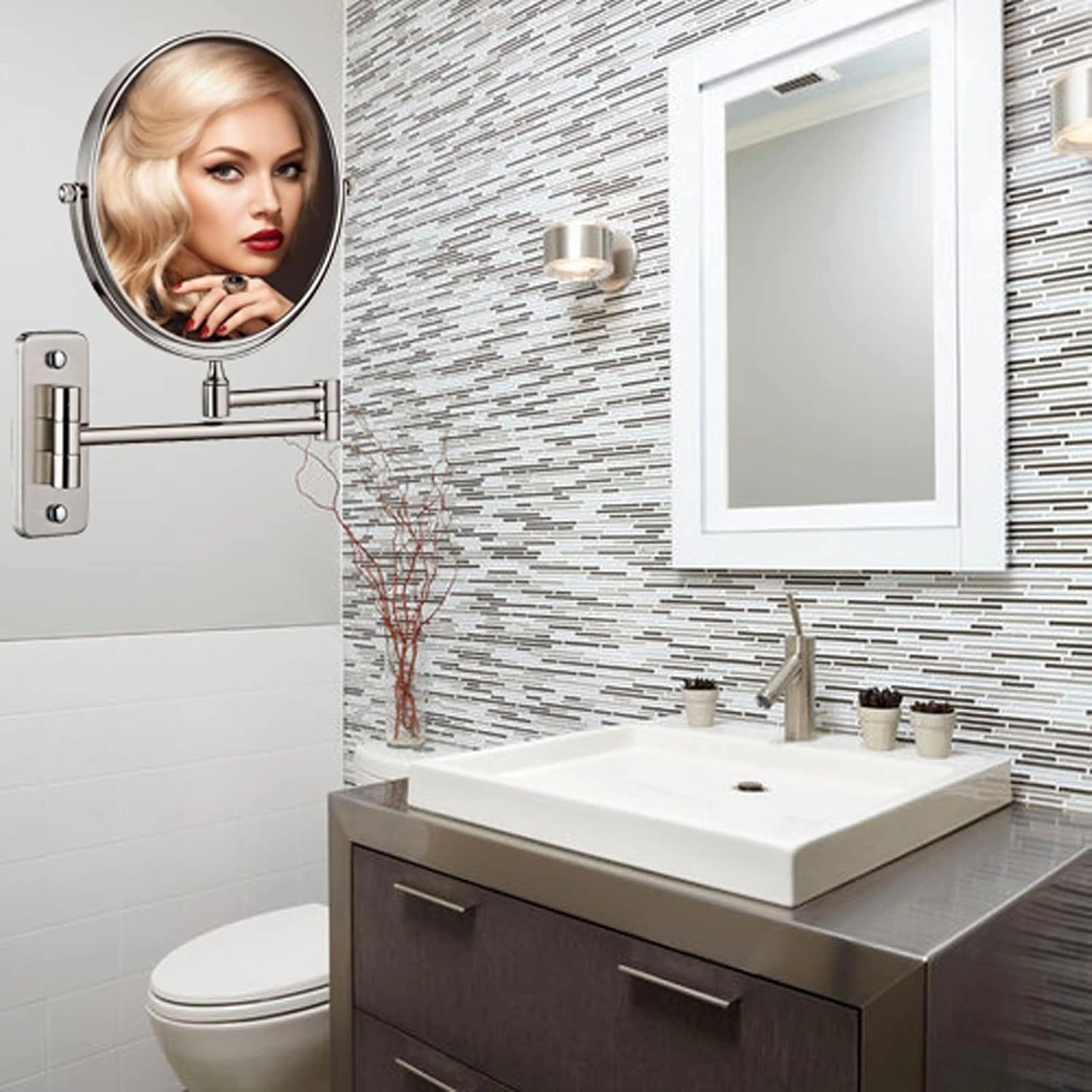 Wall Mounted Makeup Mirror, 1X/10X Magnifying 8" Cosmetic Mirror, Double Sided Vanity Mirror, 360° Extendable Bedroom Bathroom Mirror (Silver)