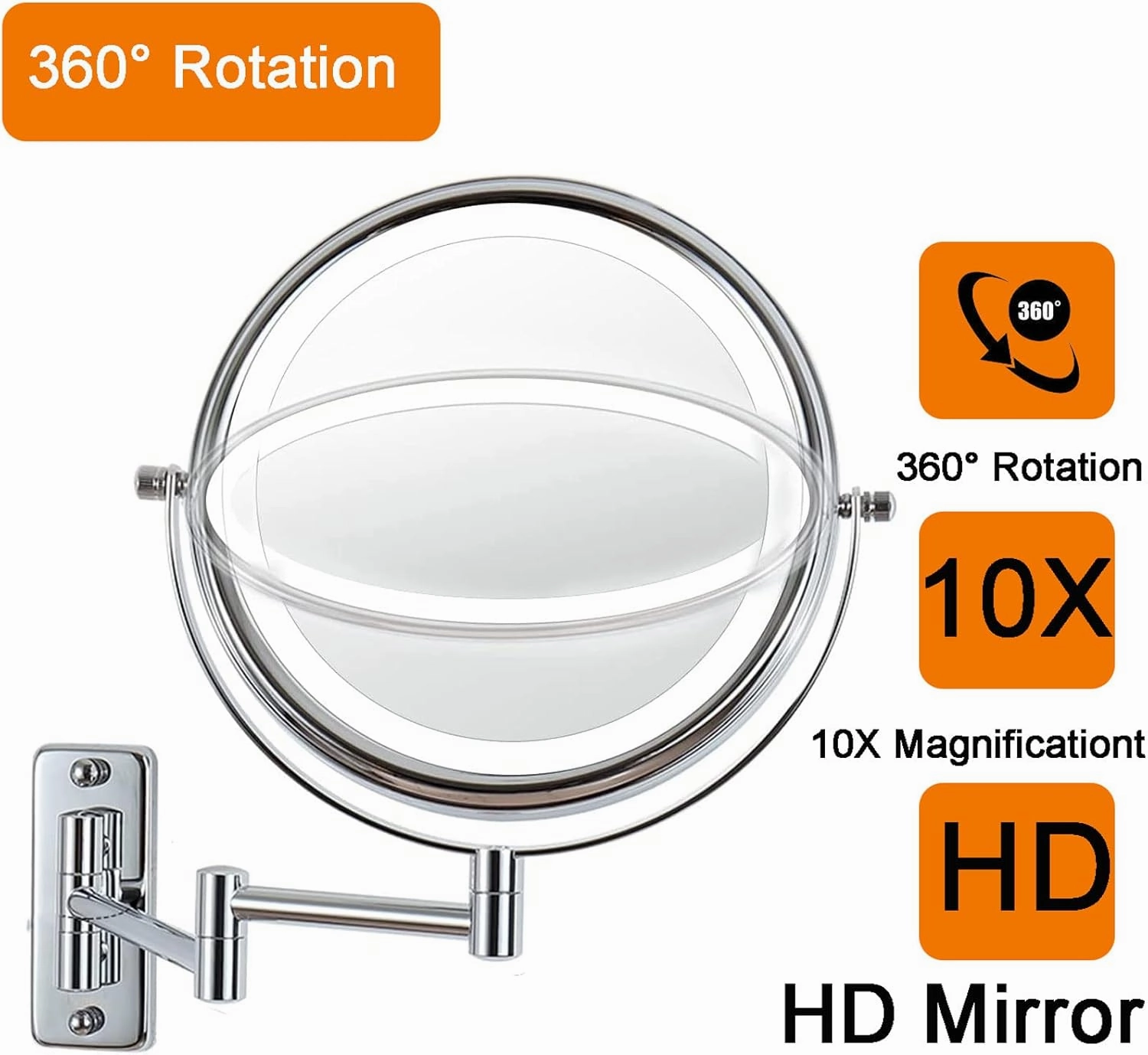 Wall Mounted Makeup Mirror, 1X/10X Magnifying 8" Cosmetic Mirror, Double Sided Vanity Mirror, 360° Extendable Bedroom Bathroom Mirror (Silver)