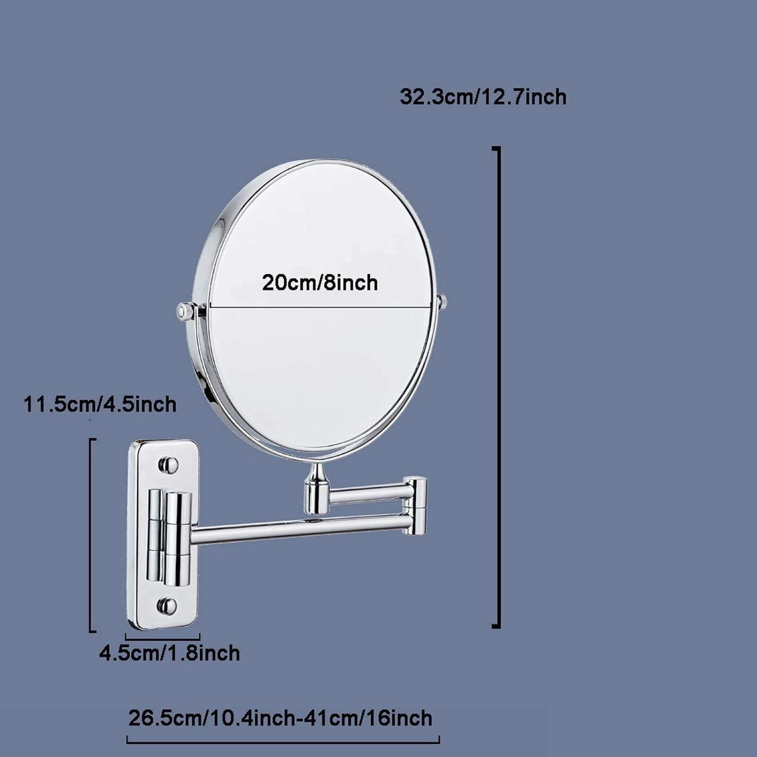Wall Mounted Makeup Mirror, 1X/10X Magnifying 8" Cosmetic Mirror, Double Sided Vanity Mirror, 360° Extendable Bedroom Bathroom Mirror (Silver)