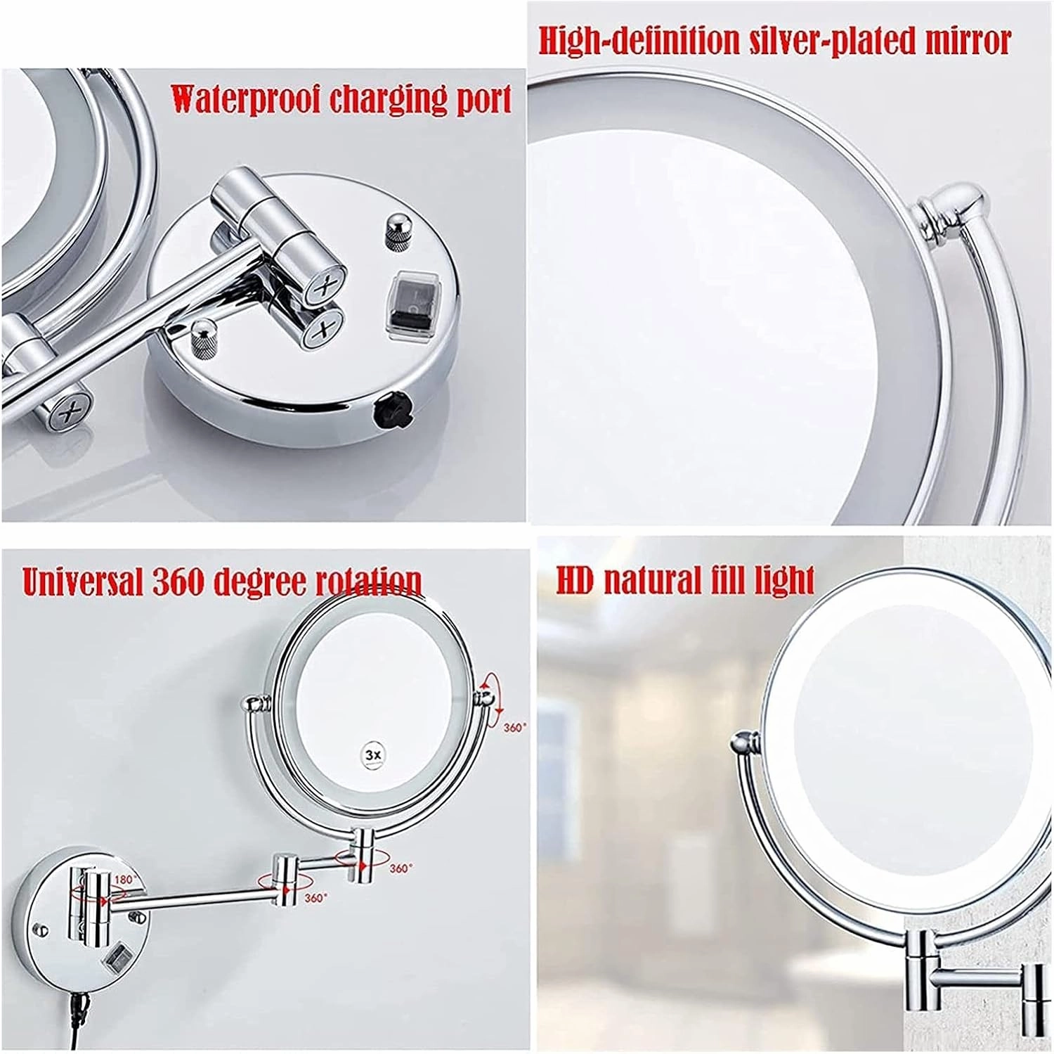 Wall Mounted Makeup Mirror-3/5/7/10x Magnification 8'' Two-Sided Swivel Extendable Bathroom Mirror,USB Rechargeable,Upgrade Version Cosmetic Mirror(D,10X)