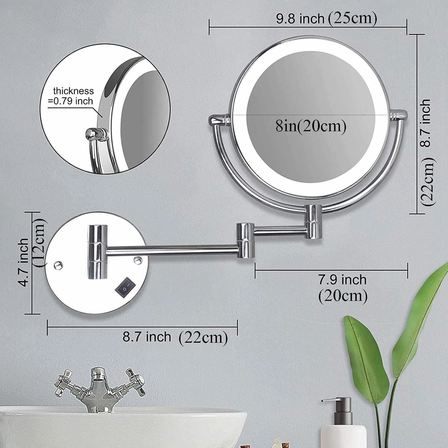 Wall Mounted Makeup Mirror Lighted, 8 Inch Double Sided Cosmetic Mirror, 360° Swivel Extendable Cosmetic Vanity Mirror, Shaving Mirror with 3X/5X/7X/10X Magnifying, Round Shape(Black,10X)