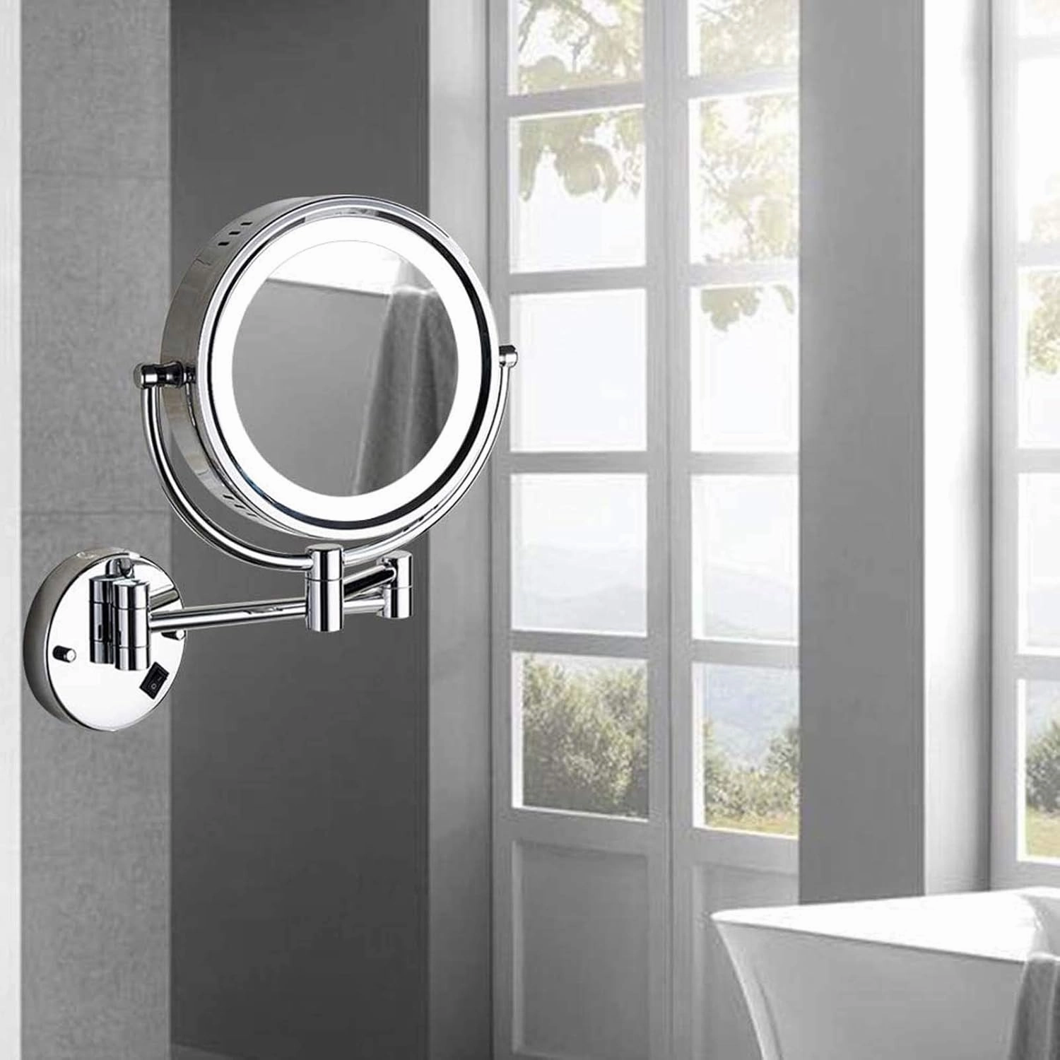 Wall Mounted Makeup Mirror Lighted, 8 Inch Double Sided Cosmetic Mirror, 360° Swivel Extendable Cosmetic Vanity Mirror, Shaving Mirror with 3X/5X/7X/10X Magnifying, Round Shape(Black,10X)