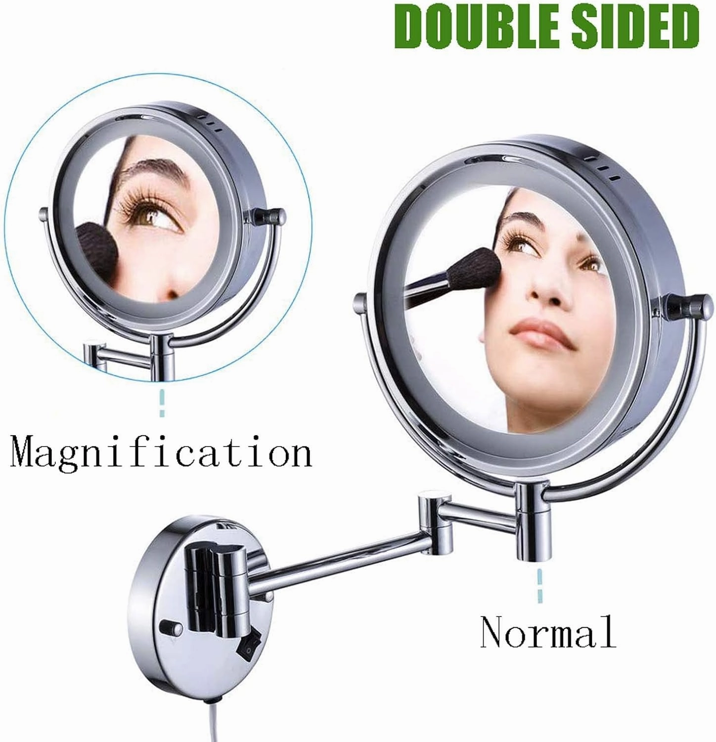 Wall Mounted Makeup Mirror Lighted, 8 Inch Double Sided Cosmetic Mirror, 360° Swivel Extendable Cosmetic Vanity Mirror, Shaving Mirror with 3X/5X/7X/10X Magnifying, Round Shape(Black,10X)