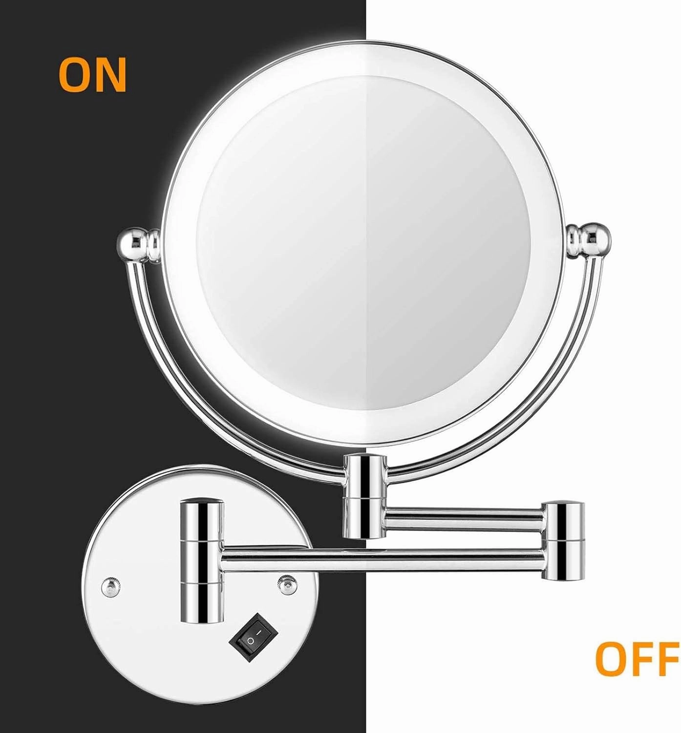 Wall Mounted Makeup Mirror Lighted, 8 Inch Double Sided Cosmetic Mirror, 360° Swivel Extendable Cosmetic Vanity Mirror, Shaving Mirror with 3X/5X/7X/10X Magnifying, Round Shape(Black,10X)