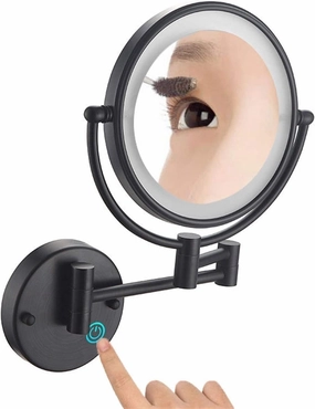 Wall Mounted Makeup Mirror with 360° Rotation, Dual-Sided LED Light Vanity Mirror, Extendable Shaving 3X/5X/7X Magnification, Anti-Fog, 8 Inch(Black,7X Magnification)