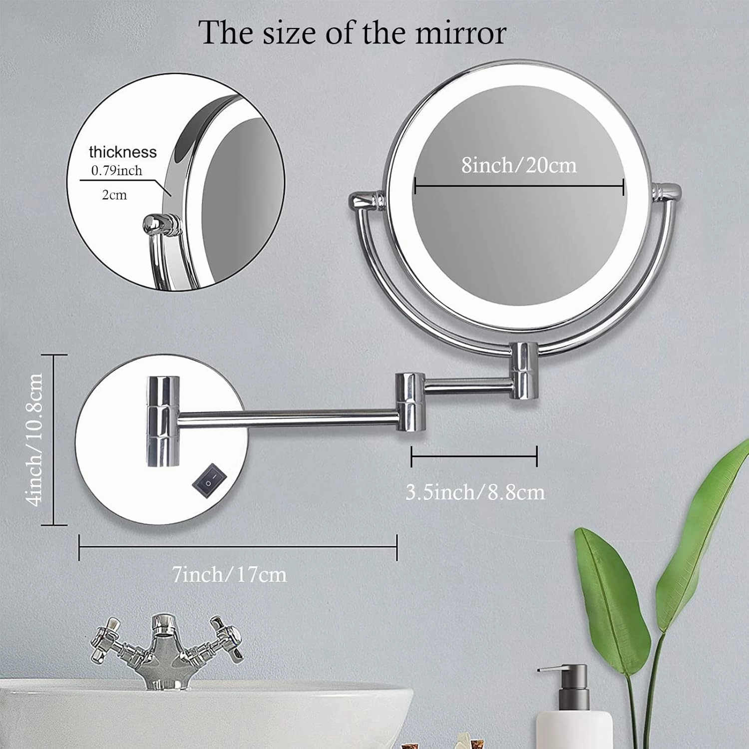 Wall Mounted Makeup Mirror with LED Lights 8 Inch, Wall Mounted Makeup Mirror with 10X Magnification, Double-Sided 360°Rotatable Extendable Makeup Mirror for Bathroom (Gold)