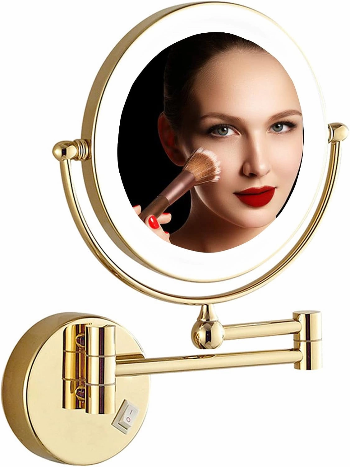 Wall Mounted Makeup Mirror with LED Lights 8 Inch, Wall Mounted Makeup Mirror with 10X Magnification, Double-Sided 360°Rotatable Extendable Makeup Mirror for Bathroom (Gold)