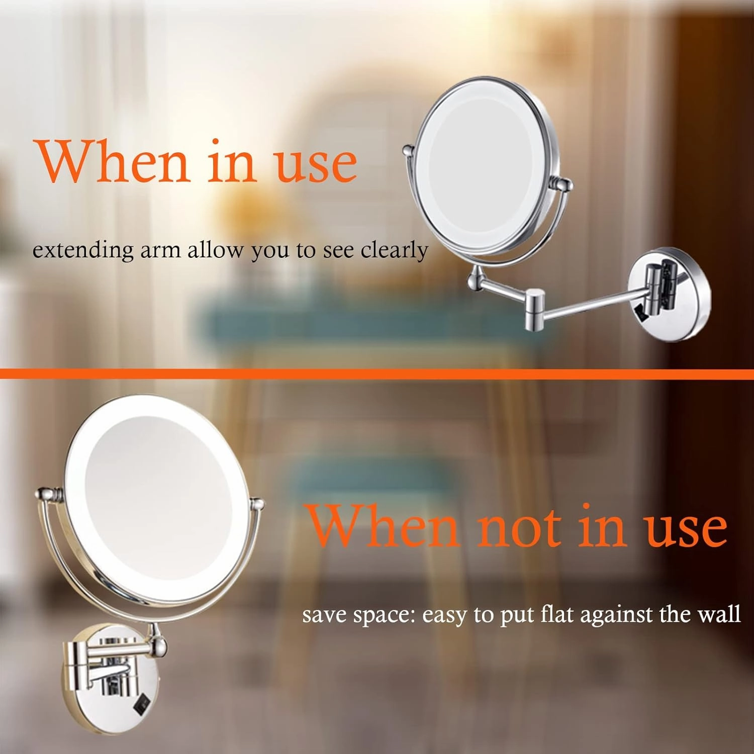 Wall Mounted Makeup Mirror with LED Lights 8 Inch, Wall Mounted Makeup Mirror with 10X Magnification, Double-Sided 360°Rotatable Extendable Makeup Mirror for Bathroom (Gold)