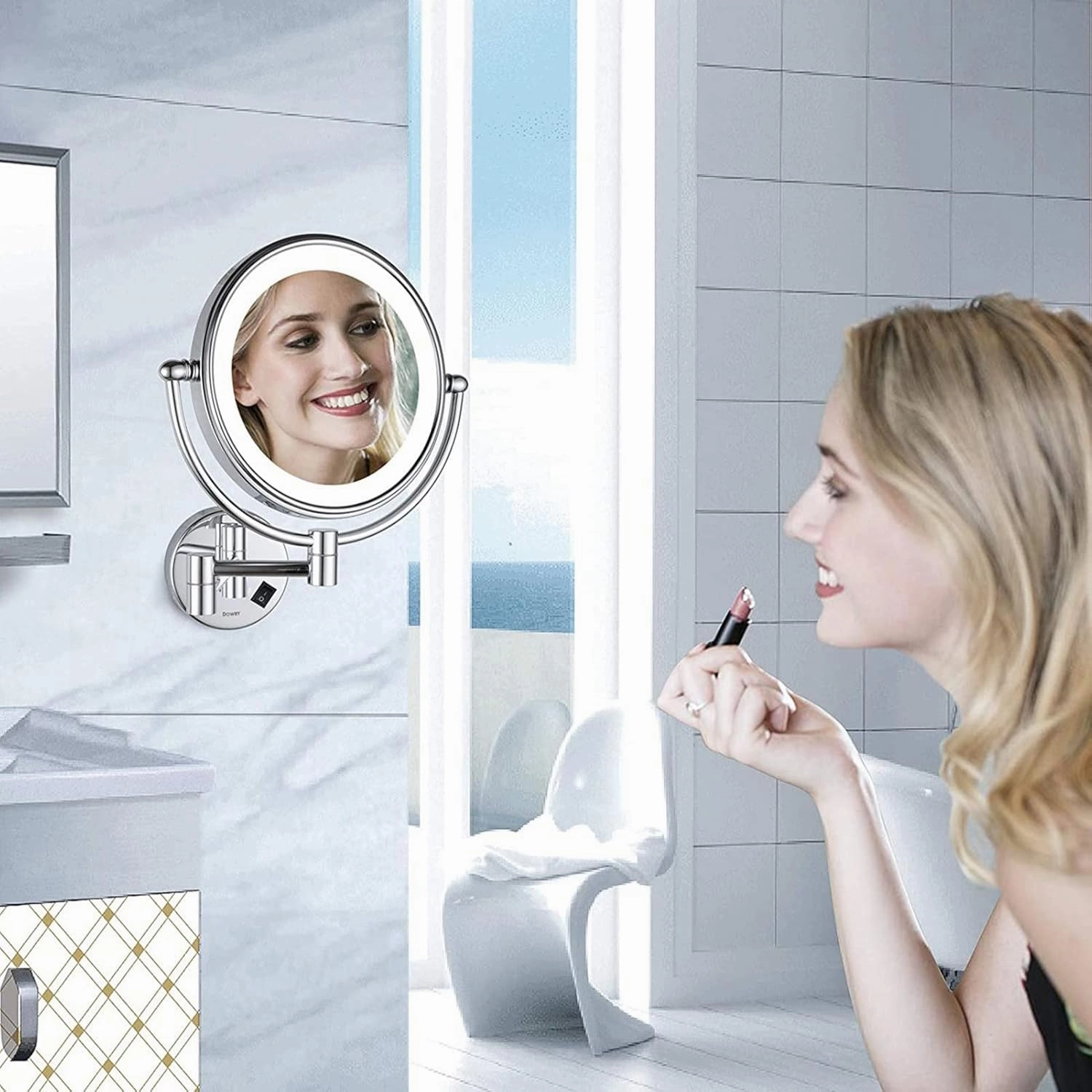 Wall Mounted Makeup Mirror with LED Lights 8 Inch, Wall Mounted Makeup Mirror with 10X Magnification, Double-Sided 360°Rotatable Extendable Makeup Mirror for Bathroom (Gold)