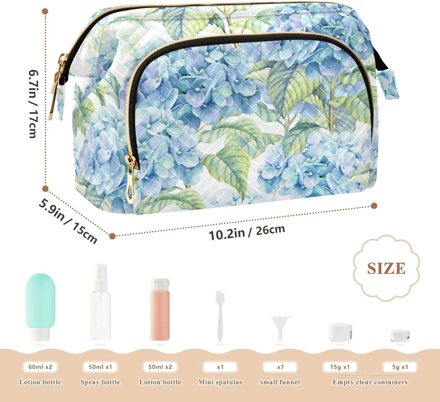 Watercolor Turquoise Hydrangea Seamless Blue Flowers Texture Women Cosmetic Bag Makeup Bag Stylish Trip Beauty Bag Travel Toiletry Bag with Bottle Organizer 10.2 x 5.9 x 6.7 inch