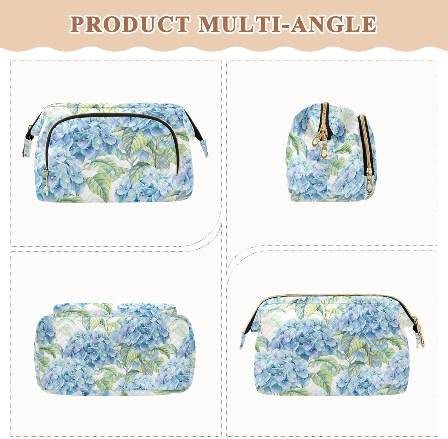 Watercolor Turquoise Hydrangea Seamless Blue Flowers Texture Women Cosmetic Bag Makeup Bag Stylish Trip Beauty Bag Travel Toiletry Bag with Bottle Organizer 10.2 x 5.9 x 6.7 inch
