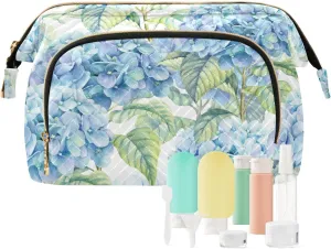 Watercolor Turquoise Hydrangea Seamless Blue Flowers Texture Women Cosmetic Bag Makeup Bag Stylish Trip Beauty Bag Travel Toiletry Bag with Bottle Organizer 10.2 x 5.9 x 6.7 inch