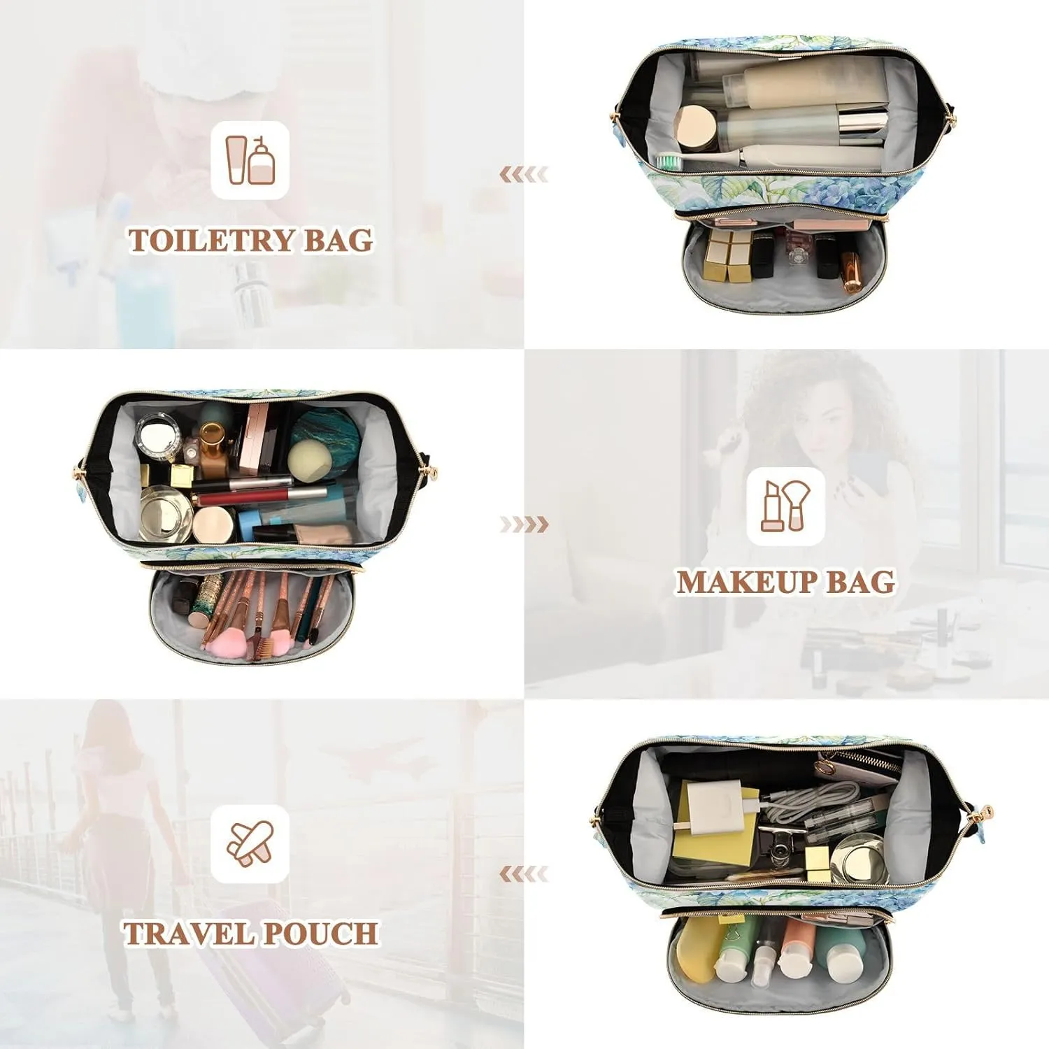 Watercolor Turquoise Hydrangea Seamless Blue Flowers Texture Women Cosmetic Bag Makeup Bag Stylish Trip Beauty Bag Travel Toiletry Bag with Bottle Organizer 10.2 x 5.9 x 6.7 inch