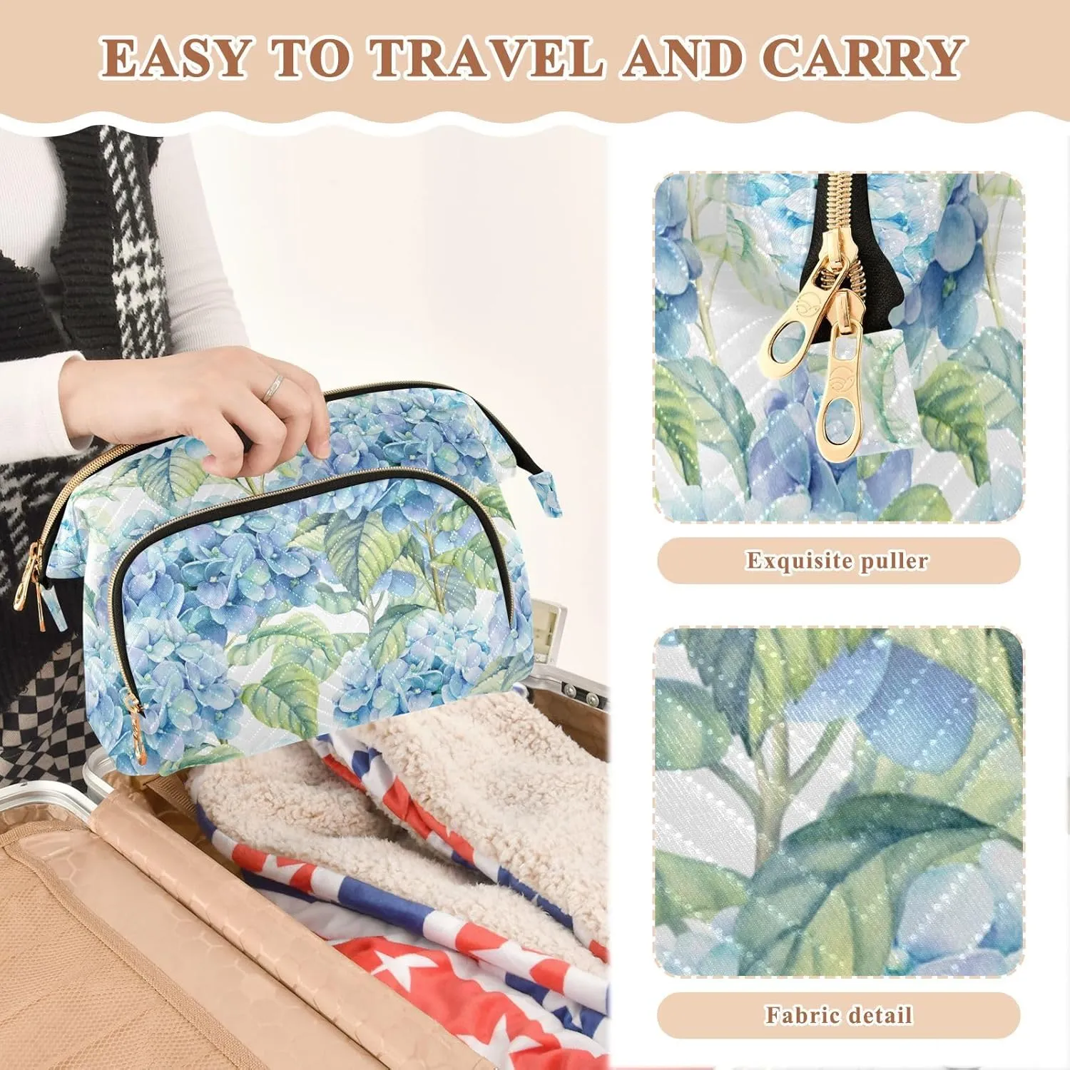 Watercolor Turquoise Hydrangea Seamless Blue Flowers Texture Women Cosmetic Bag Makeup Bag Stylish Trip Beauty Bag Travel Toiletry Bag with Bottle Organizer 10.2 x 5.9 x 6.7 inch