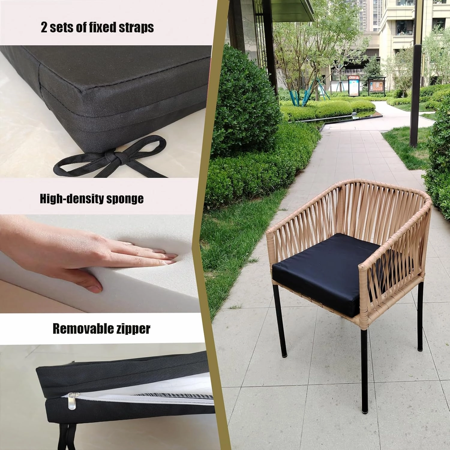 Waterproof Outdoor cushions18 x18 Patio Chair Cushions Black Outdoor Chair Cushions with Adjustable Straps,2 Pack