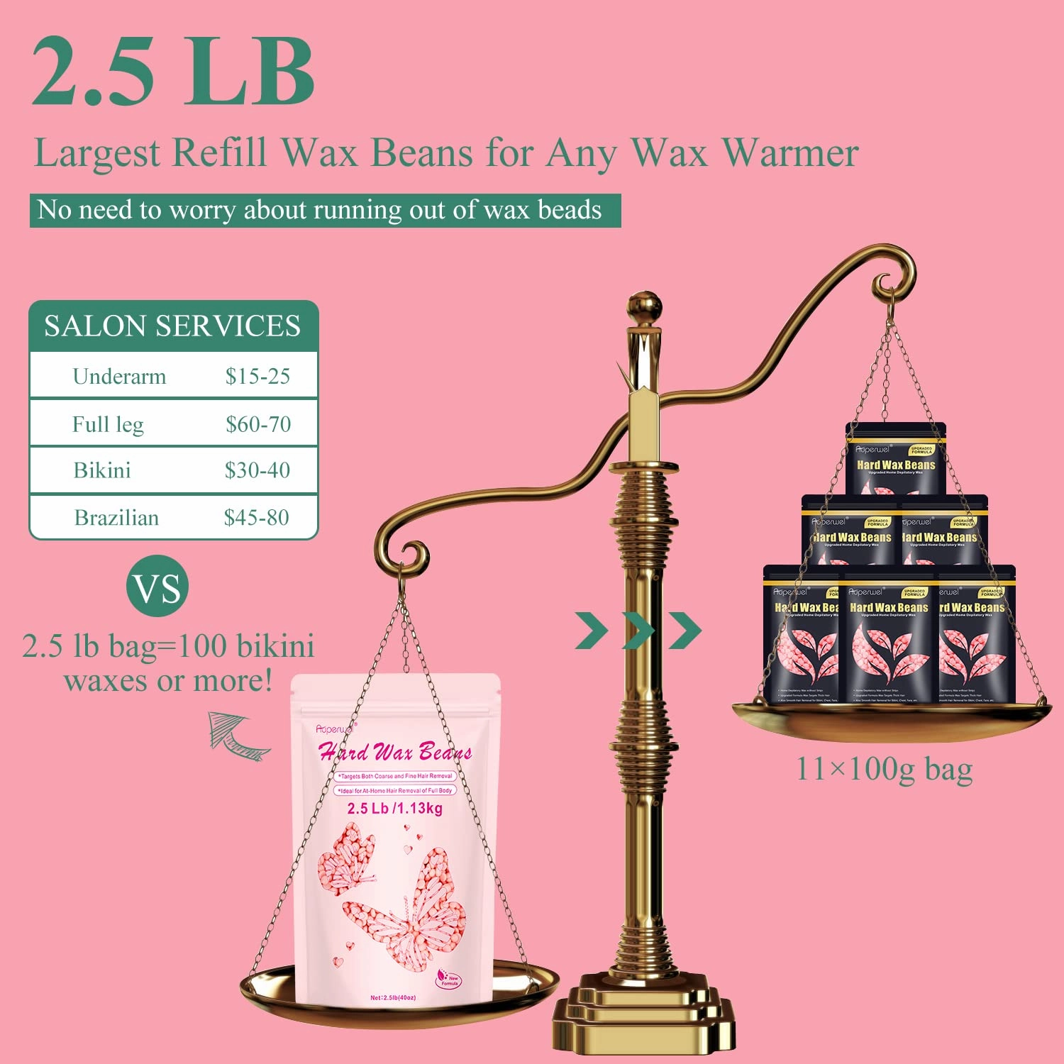 Wax Beads for Hair Removal, Auperwel 2.5lb Hard Wax Beads for Sensitive Skin with 20 Sticks, Waxing Beans for Brazilian, Bikini, Eyebrow Waxing, Painless Refill Pearl Beads for Wax Warmers Kit (Rose)
