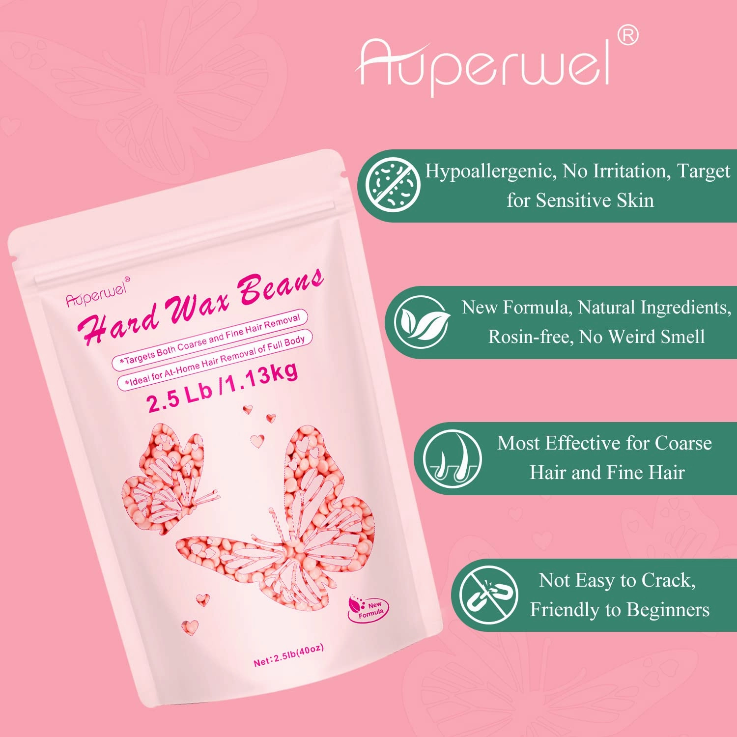 Wax Beads for Hair Removal, Auperwel 2.5lb Hard Wax Beads for Sensitive Skin with 20 Sticks, Waxing Beans for Brazilian, Bikini, Eyebrow Waxing, Painless Refill Pearl Beads for Wax Warmers Kit (Rose)