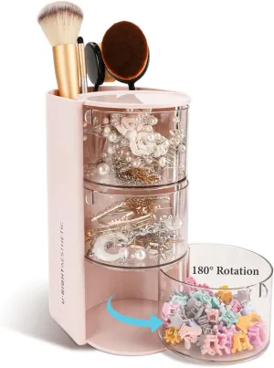 WCHOSOZH 3-Tier Clear Hair Accessories Organizer with Hair Brushes Holder, Rotatable Drawer Makeup Sponge Holder Desktop Organizer Case for Makeup Brush Lipsticks Q-tip Cotton Swab Stationery (Pink)