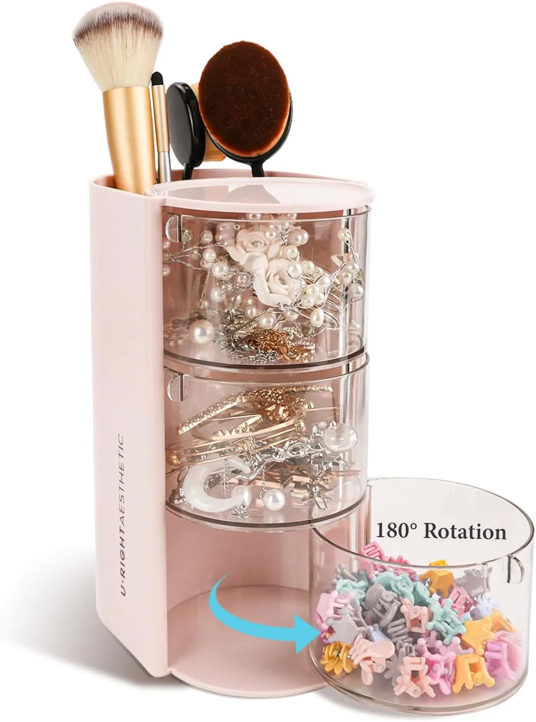WCHOSOZH 3-Tier Clear Hair Accessories Organizer with Hair Brushes Holder, Rotatable Drawer Makeup Sponge Holder Desktop Organizer Case for Makeup Brush Lipsticks Q-tip Cotton Swab Stationery (Pink)