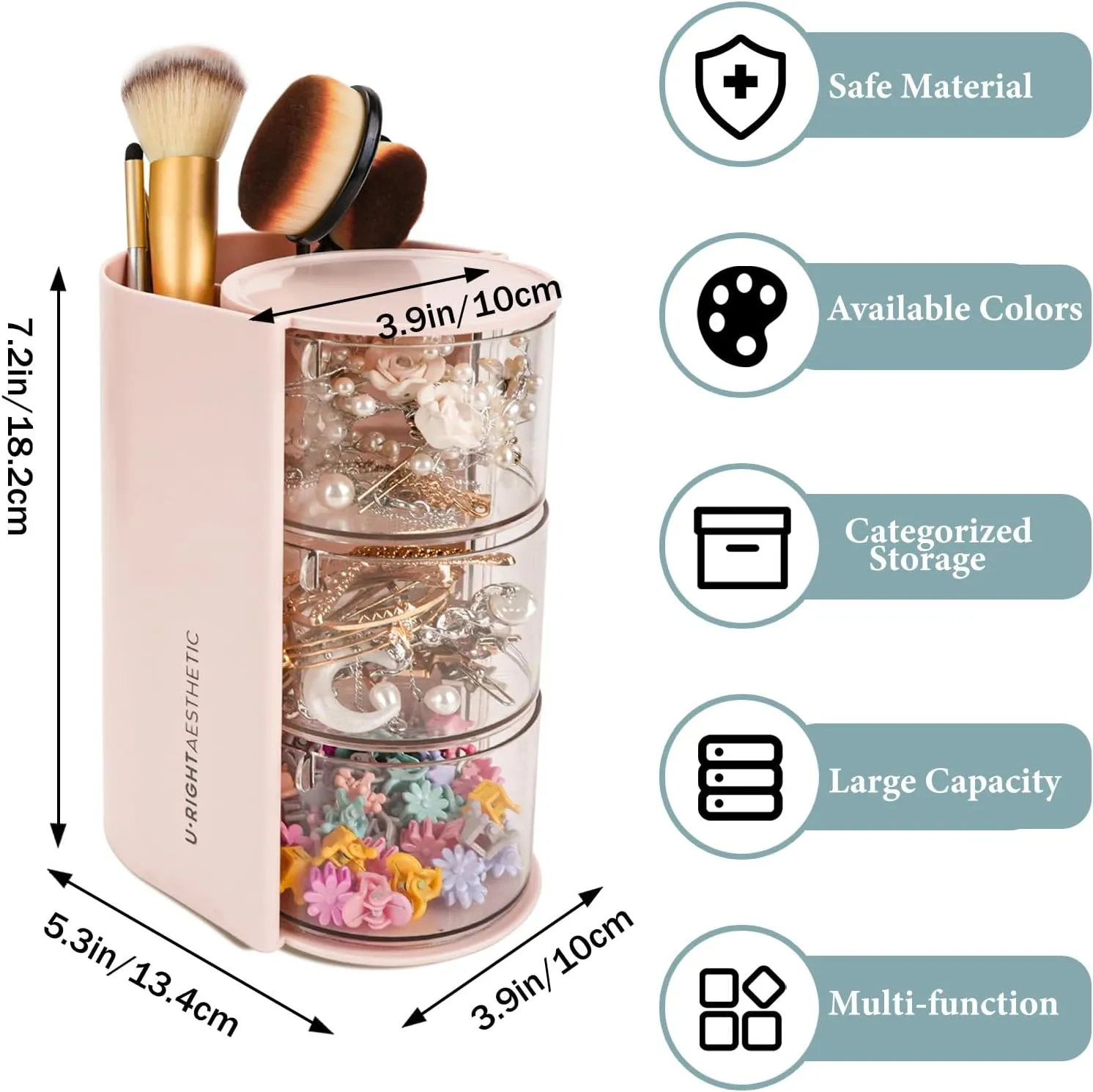 WCHOSOZH 3-Tier Clear Hair Accessories Organizer with Hair Brushes Holder, Rotatable Drawer Makeup Sponge Holder Desktop Organizer Case for Makeup Brush Lipsticks Q-tip Cotton Swab Stationery (Pink)