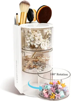 WCHOSOZH 3-Tier Clear Hair Accessories Organizer with Hair Brushes Holder, Rotatable Drawer Makeup Sponge Holder Desktop Organizer Case for Makeup Brush Lipsticks Q-tip Cotton Swab Stationery (White)