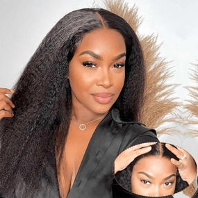 Wear & Go Glueless Wigs Human Hair Pre Plucked Pre Cut 6x4 Lace Closure Wigs 180% Density Kinky Straight Glueless Wigs Human Hair for Women Natural Black 22Inch