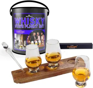 Wee Glencairn Whiskey Flight Stave Gift Set For Men - Crystal Bourbon Glass Kit with Reclaimed Oak Barrel Serving Tray, Mini Glen Cairn Whisky Glass Set of 3 & Whiskey Pipette Dropper