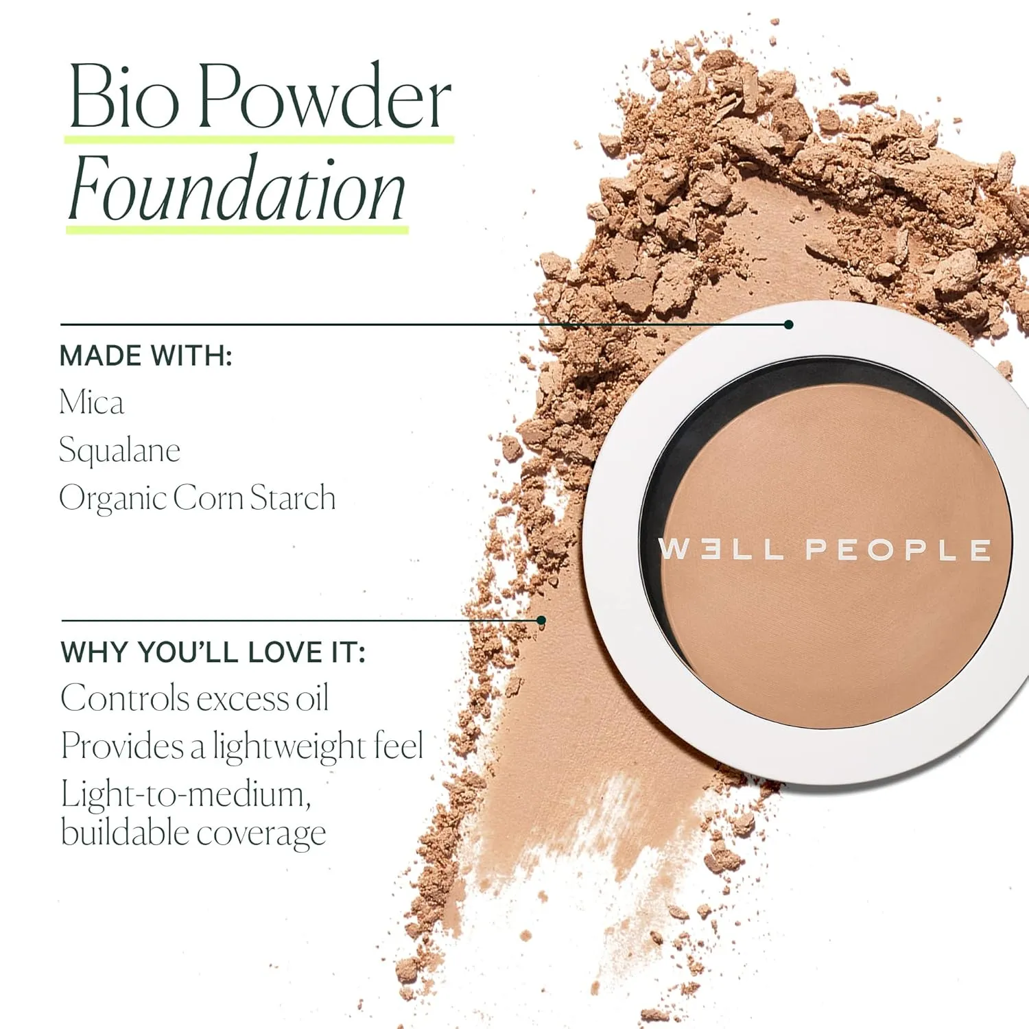 Well People Bio Powder Foundation, Lightweight & Hydrating Foundation For Perfecting & Smoothing Skin, Semi-Matte Finish, Vegan & Cruelty-free, 2W