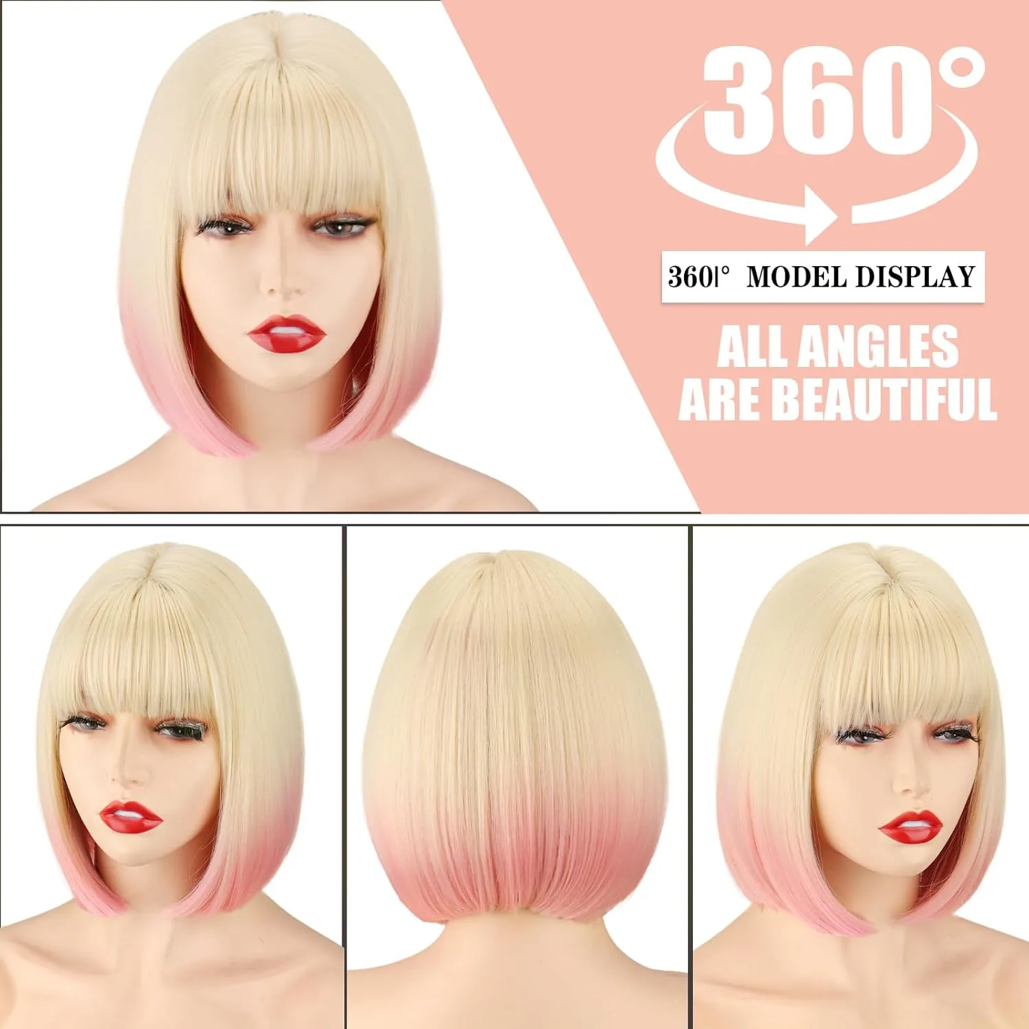 WERD Short Blonde Pink Bob Wig for Women Ombre Wig With Bangs Synthetic Straight Blonde mixed Pink Bob Hair for Daily Party Cosplay