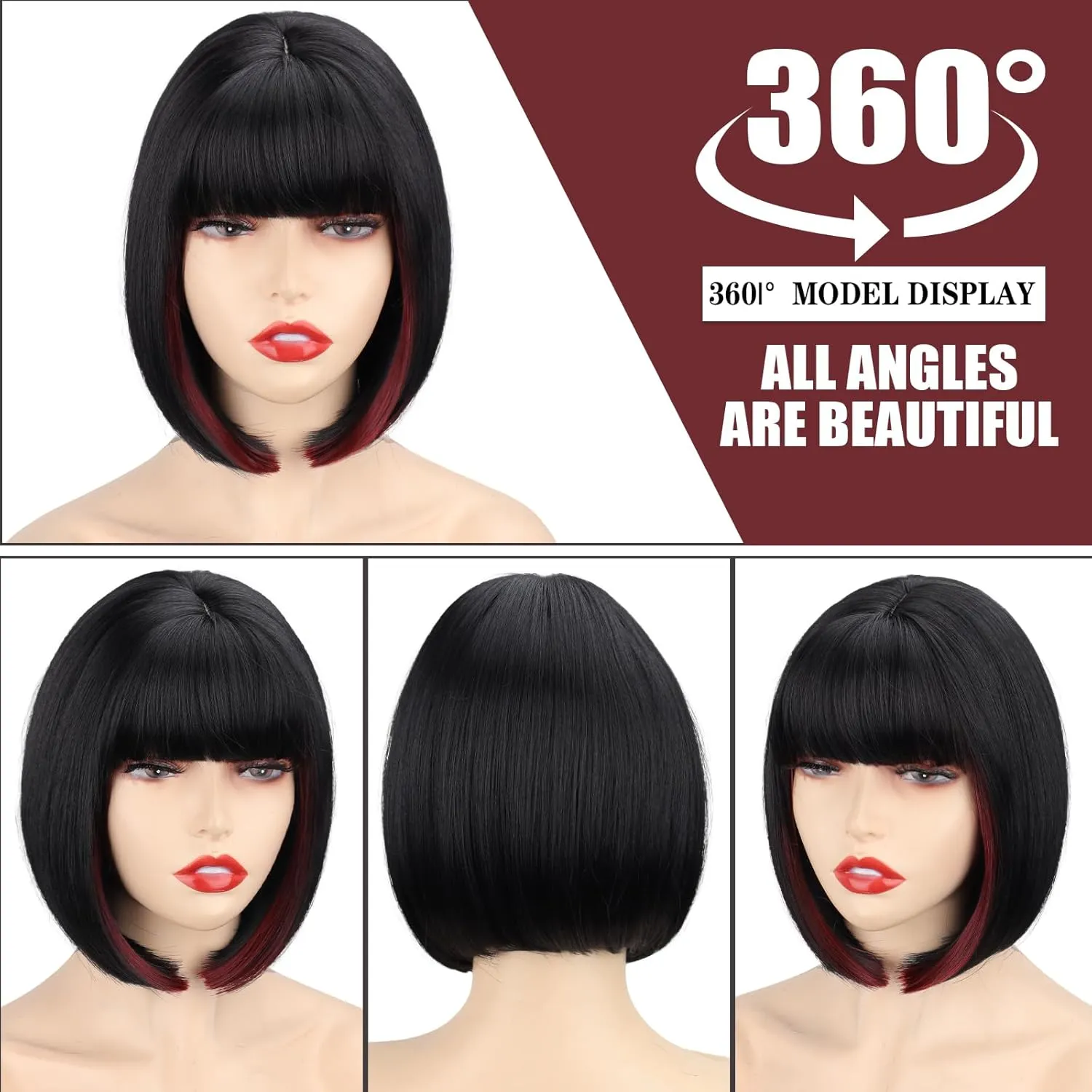 WERD Short Bob Black Wig with Bangs Synthetic Hair for Women mixed Black Red Highlights Wigs for Cosplay Party Daily Halloween