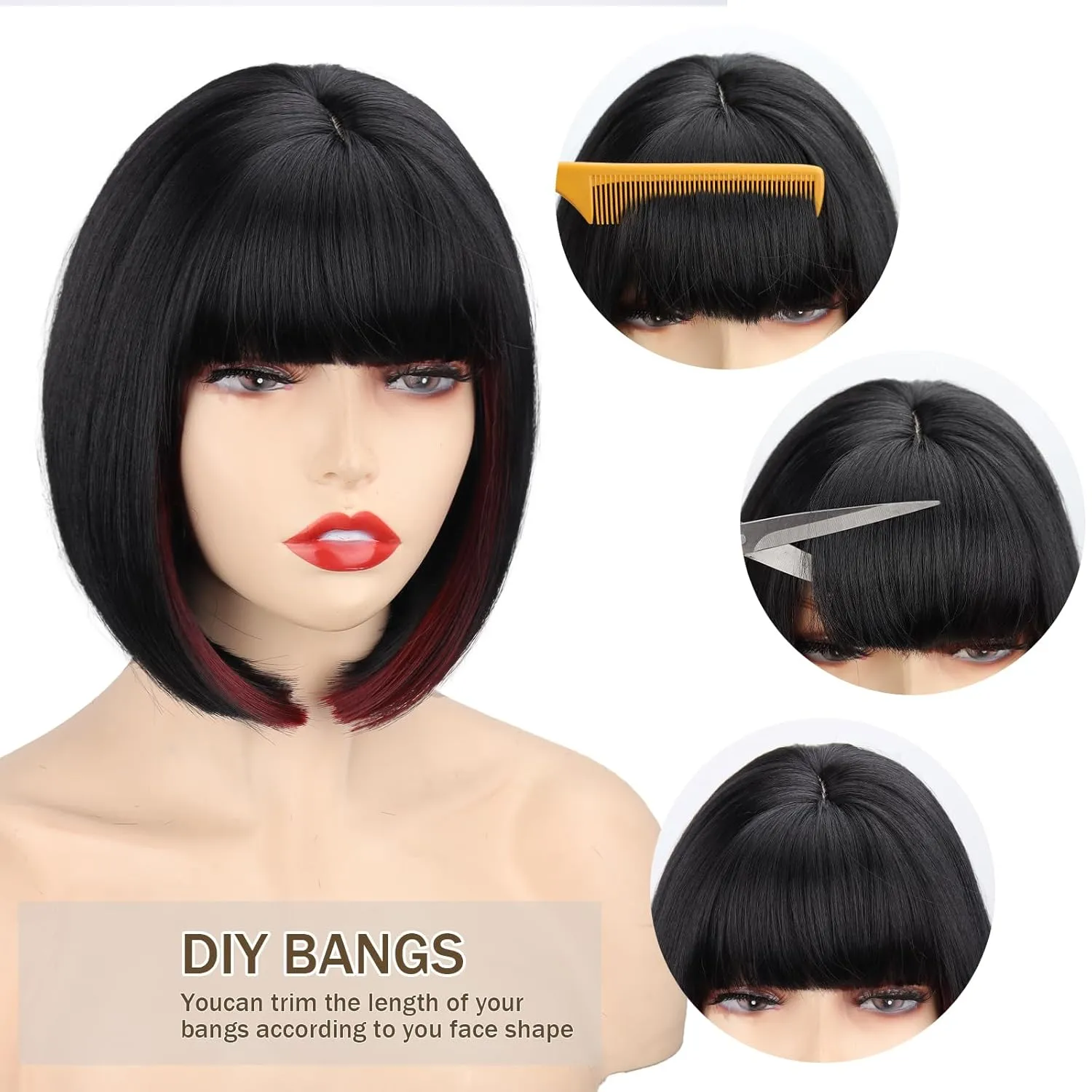 WERD Short Bob Black Wig with Bangs Synthetic Hair for Women mixed Black Red Highlights Wigs for Cosplay Party Daily Halloween