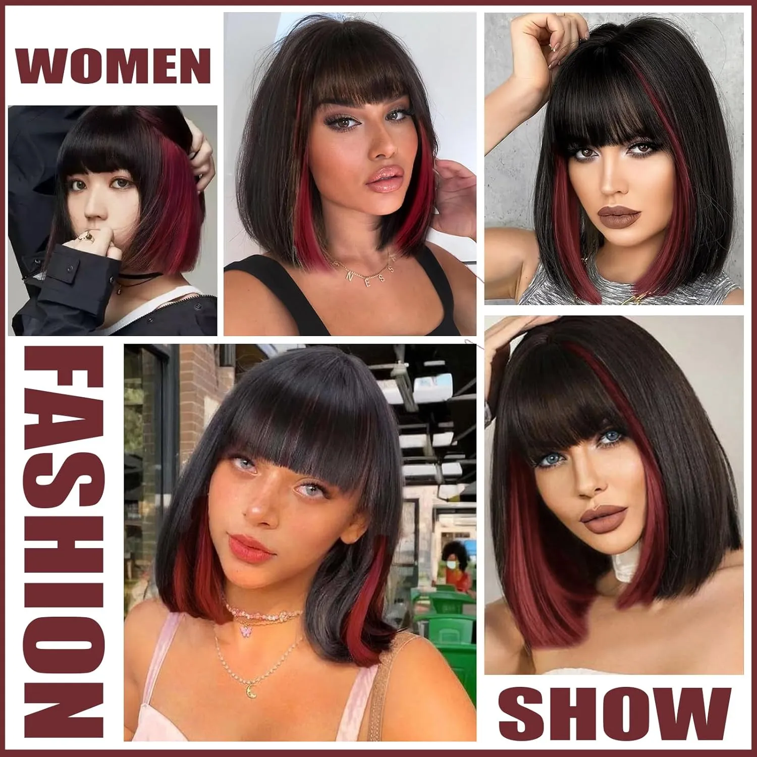 WERD Short Bob Black Wig with Bangs Synthetic Hair for Women mixed Black Red Highlights Wigs for Cosplay Party Daily Halloween