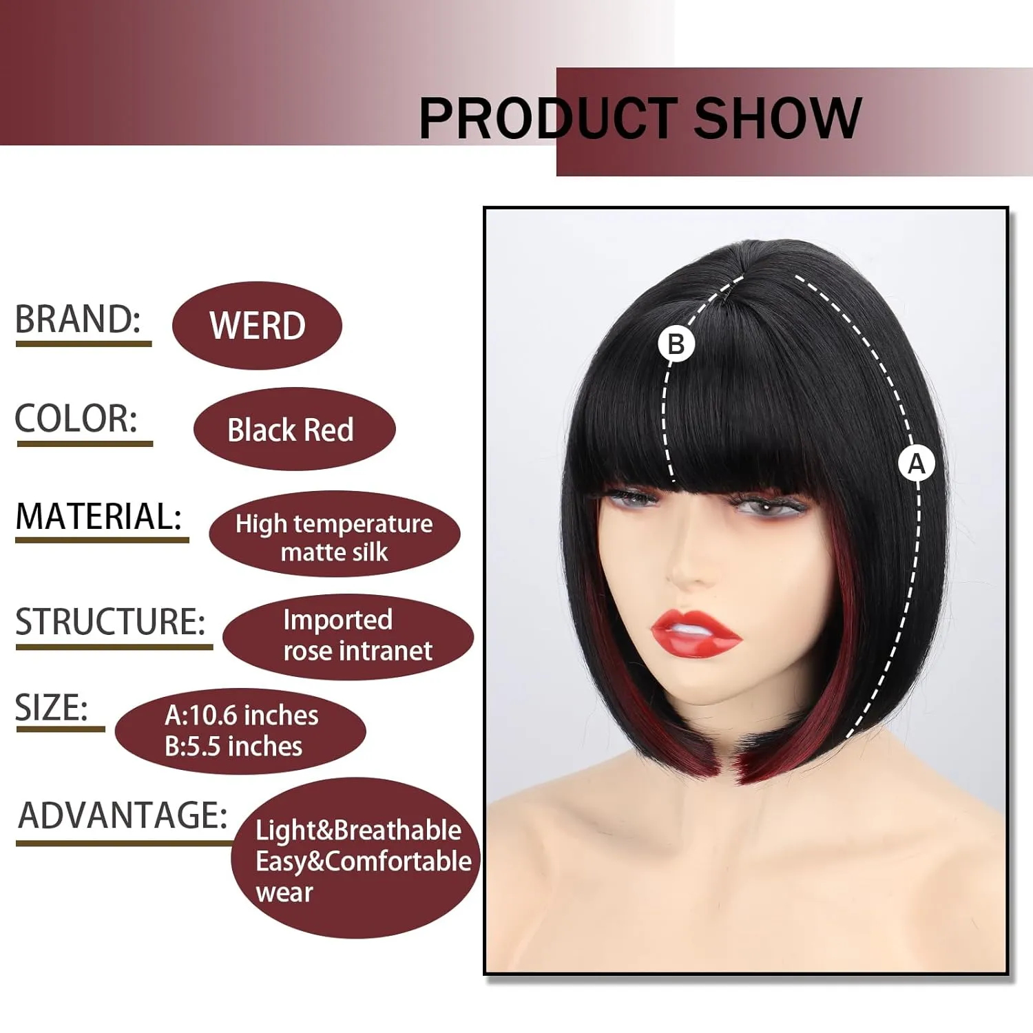 WERD Short Bob Black Wig with Bangs Synthetic Hair for Women mixed Black Red Highlights Wigs for Cosplay Party Daily Halloween