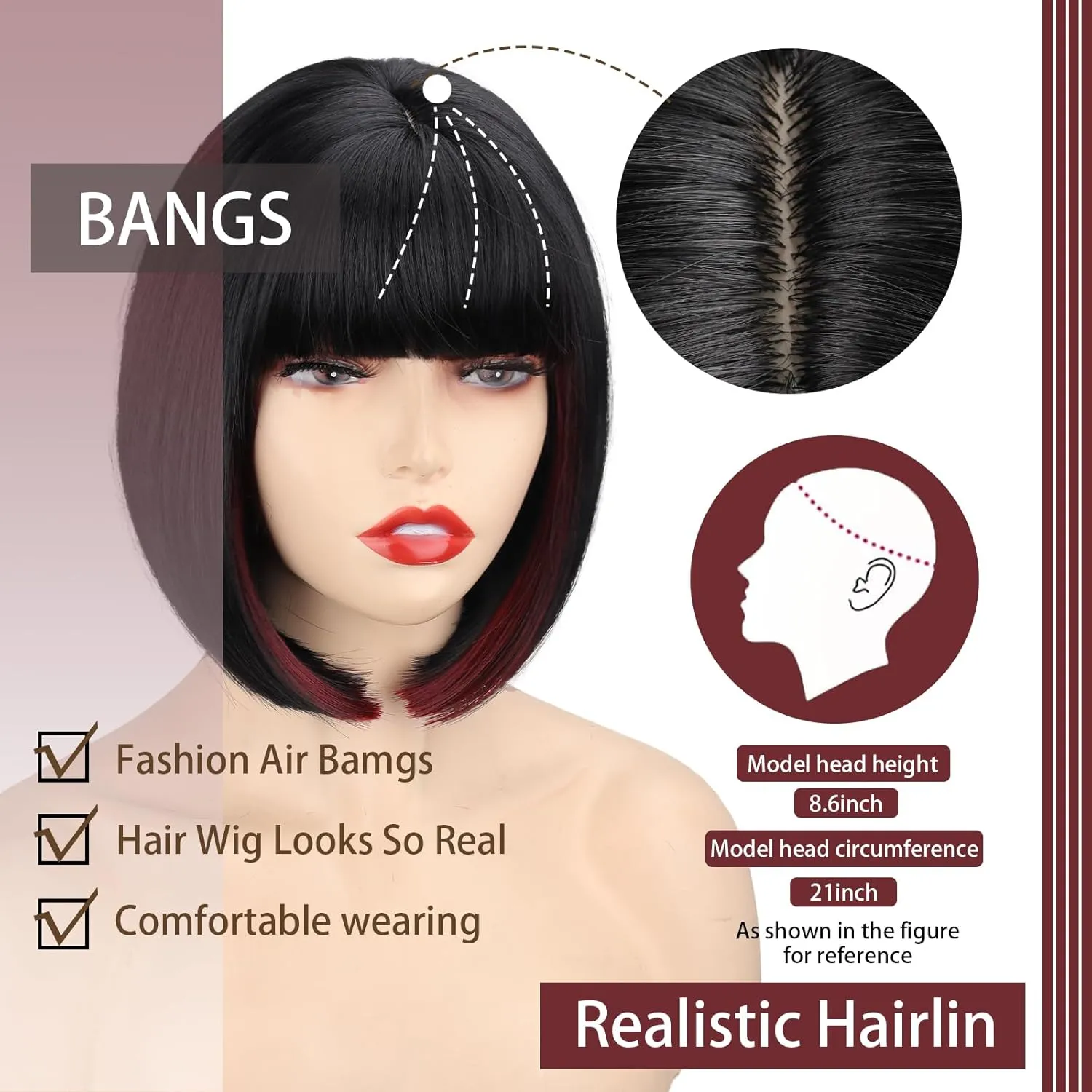 WERD Short Bob Black Wig with Bangs Synthetic Hair for Women mixed Black Red Highlights Wigs for Cosplay Party Daily Halloween