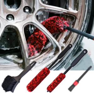 Wheel Brushes for Cleaning Wheels (4 Pro Pack)- 2X Soft Wheel Cleaning Woolies Brush, Detailing Brush and Stiff Tire Brush, Scratch Free Durable Car Wheel Rim Brush Kit for Car Rim and Tire Detailing
