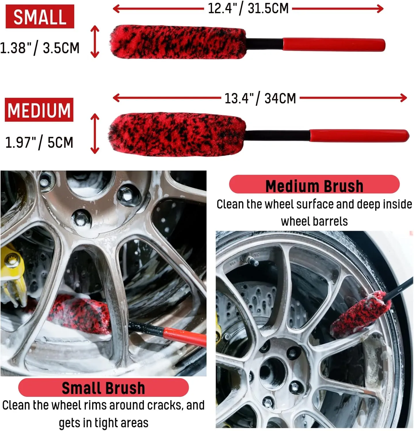 Wheel Brushes for Cleaning Wheels (4 Pro Pack)- 2X Soft Wheel Cleaning Woolies Brush, Detailing Brush and Stiff Tire Brush, Scratch Free Durable Car Wheel Rim Brush Kit for Car Rim and Tire Detailing