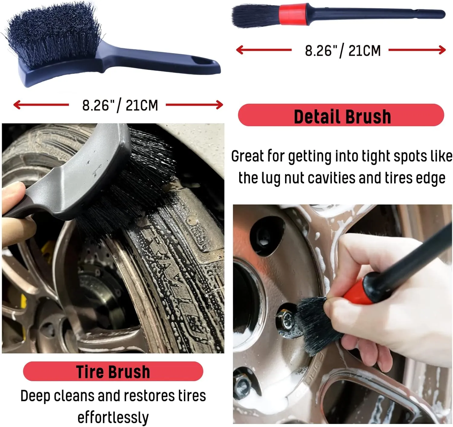 Wheel Brushes for Cleaning Wheels (4 Pro Pack)- 2X Soft Wheel Cleaning Woolies Brush, Detailing Brush and Stiff Tire Brush, Scratch Free Durable Car Wheel Rim Brush Kit for Car Rim and Tire Detailing